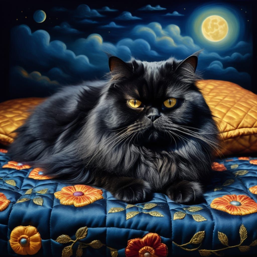 Sleepy Persian Cat in Moonlight: Surreal Fine Art