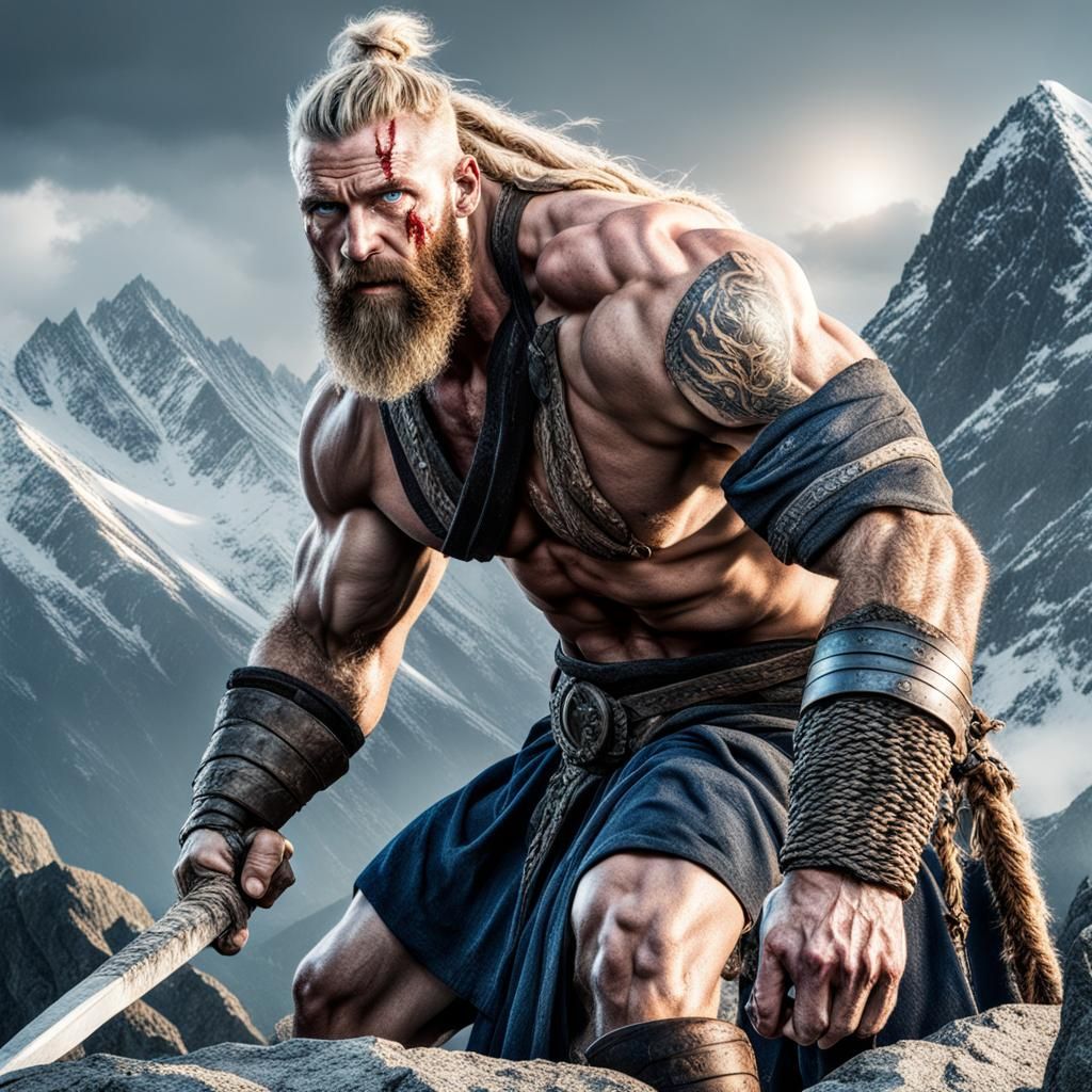 Viking Warrior with Sword on Mountain Boulder