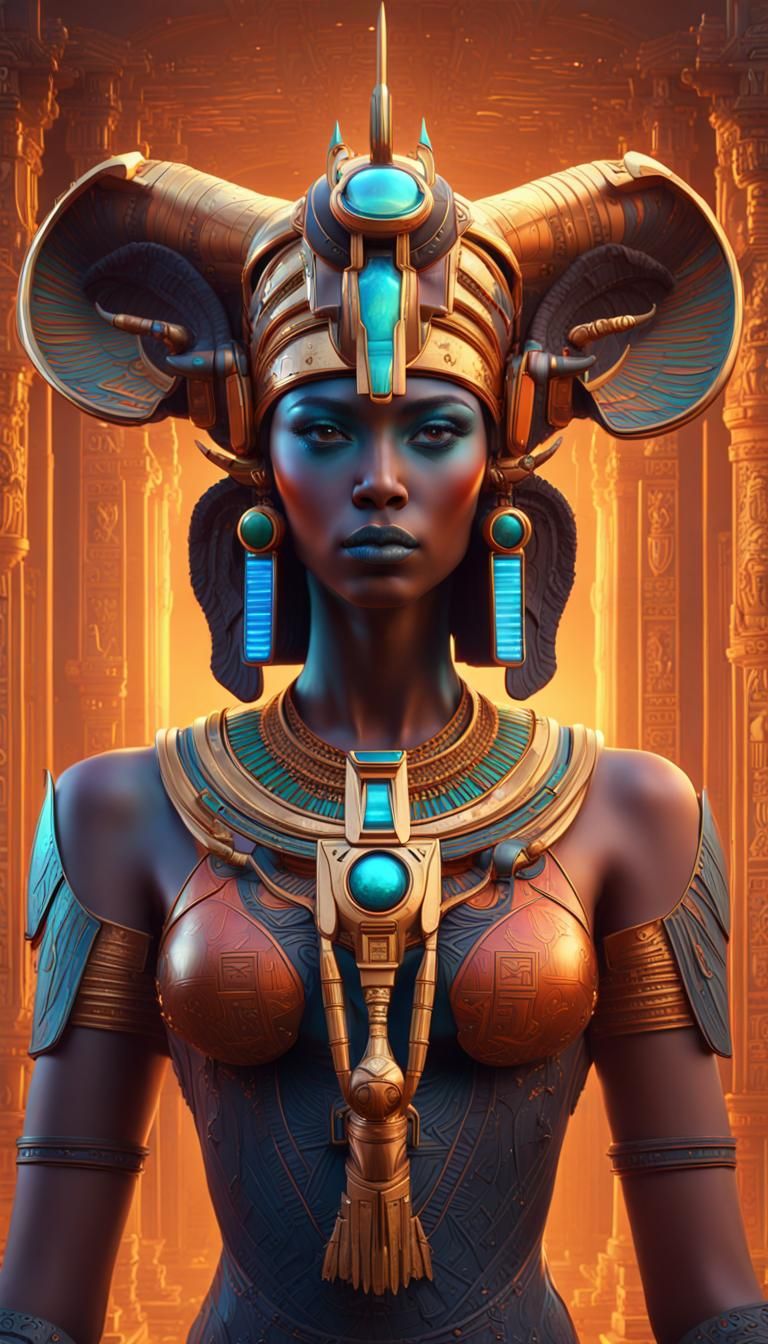 Futuristic Hathor: Cow-Faced Android in Neon