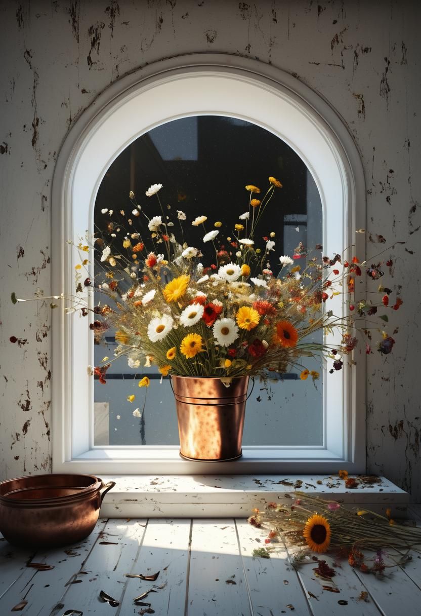 Table by a Copper Window with Dazzling Dry Flower Arrangemen...
