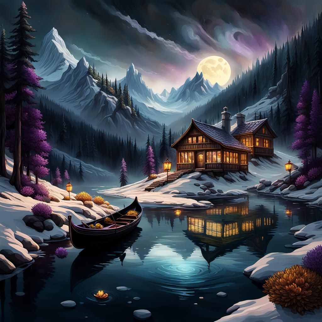 Dark Fantasy Gondola on Alpine Stream