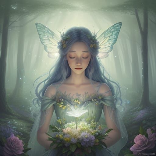 Ethereal Fairy with Butterfly in Misty Forest