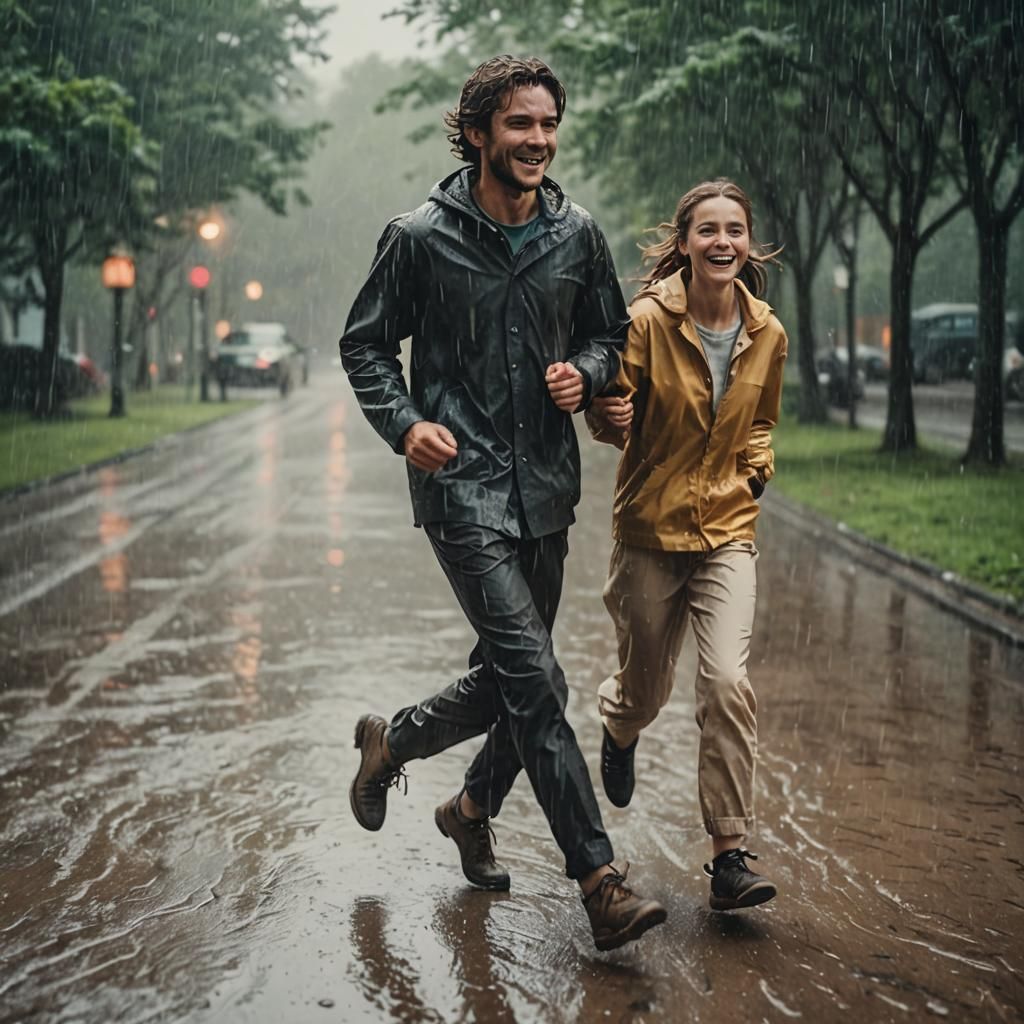 Romantic Couple Running in the Rain: Cinematic Film Still