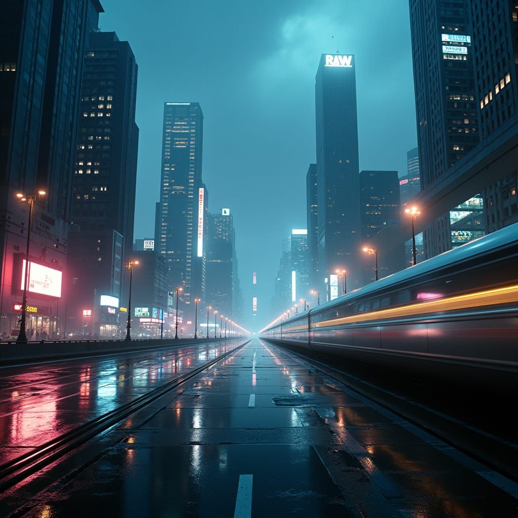 Futuristic Metropolis with Neon Lights in Cyberpunk Style