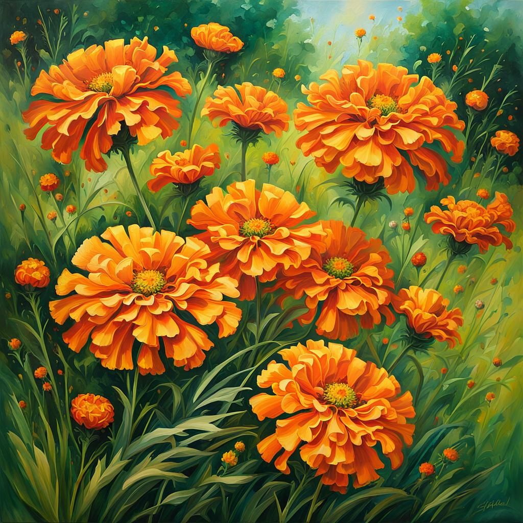 Orange Marigolds in Green Meadow Oil Painting