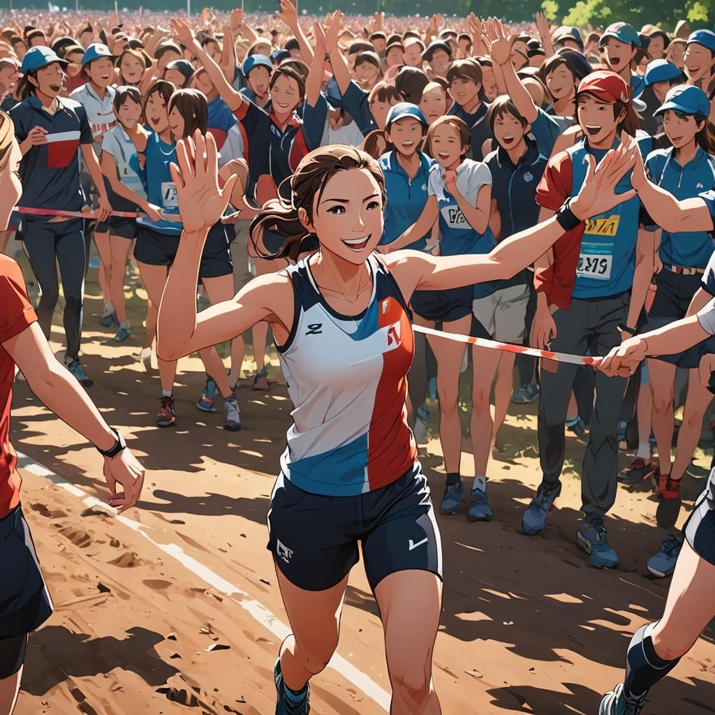 Happy female athlete giving high fives to the supporters standing at the finishing line of a cross country running race.