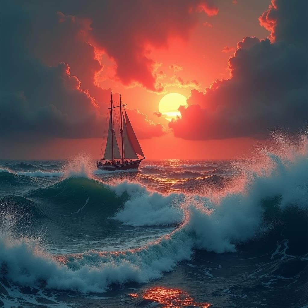 Sailboat Navigates Stormy Sea at Sunset