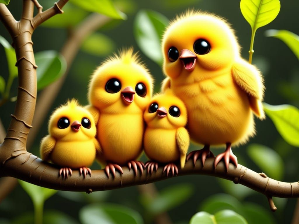 Chubby Yellow Birds Perched on Forest Vine in Adorable Style