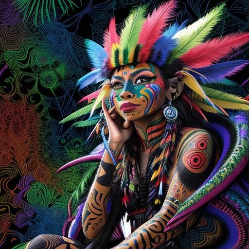 Yanomami Warrior in Alien Forest with Luminescent Paint