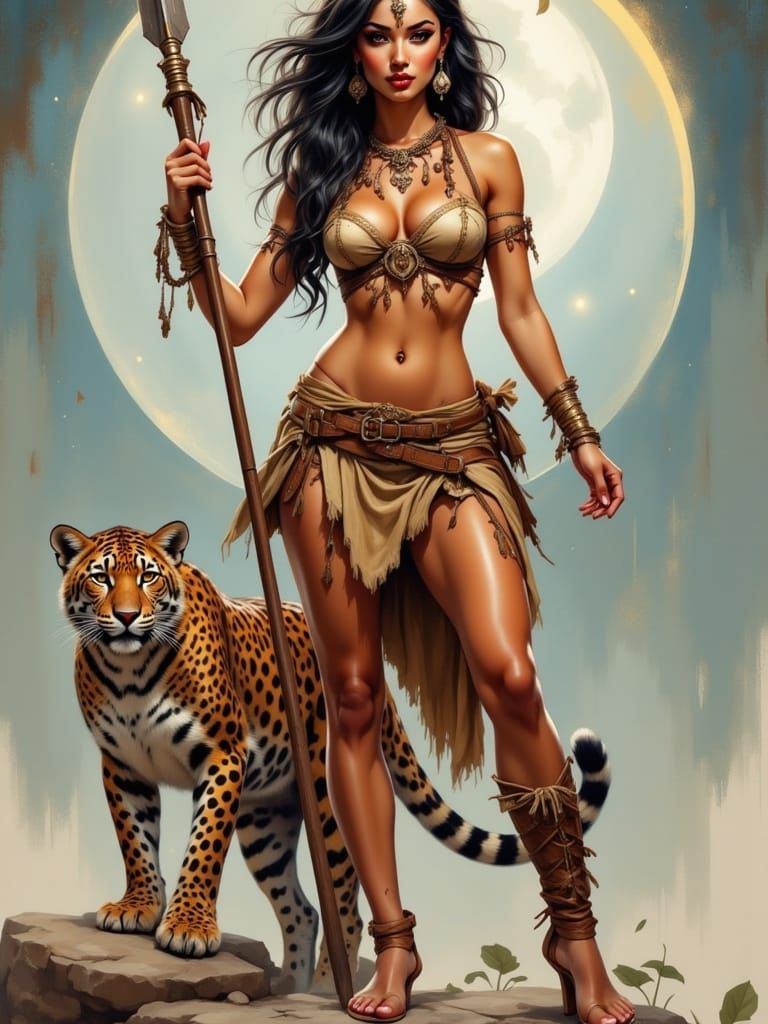 Primitive Huntress with Leopard in Cartoon Style