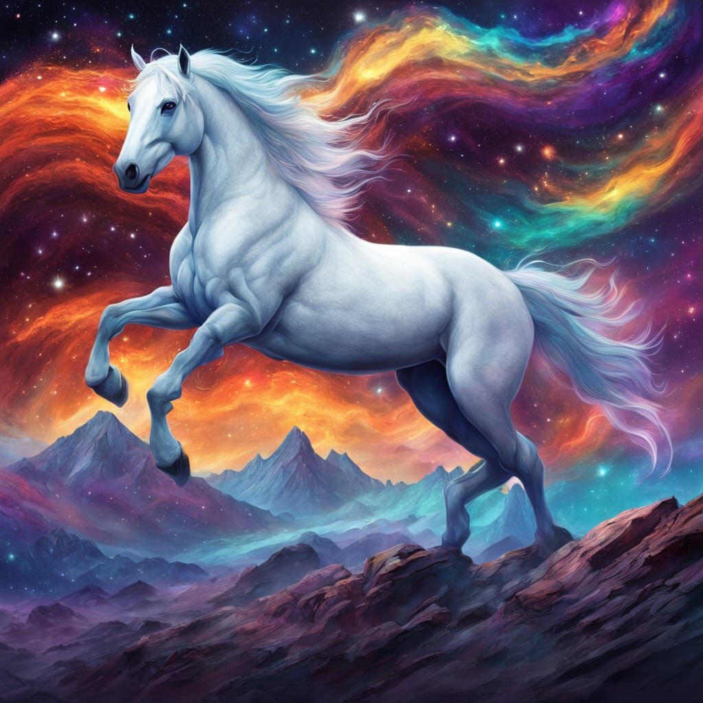 Cosmic Horse Galloping Across Mountain Peaks