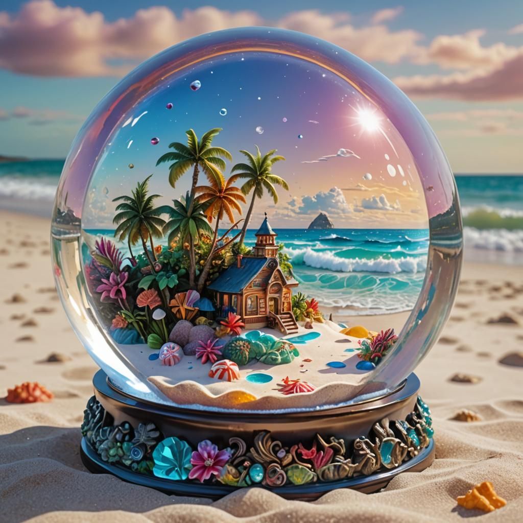 Tropical Beach Snow Globe in Hyperrealistic Style