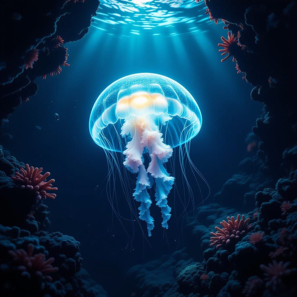Bioluminescent Jellyfish in Abyssal Trench - Hyperrealistic