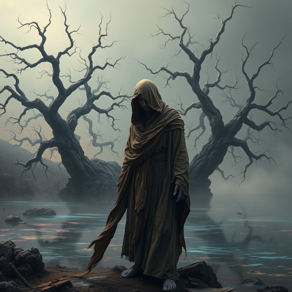 Melancholic Figure at Iridescent Lake