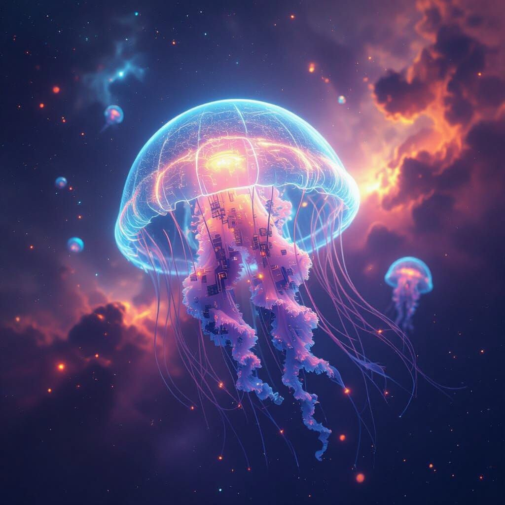 Bioluminescent Jellyfish Drifting Through Nebula in Retro-Fu...