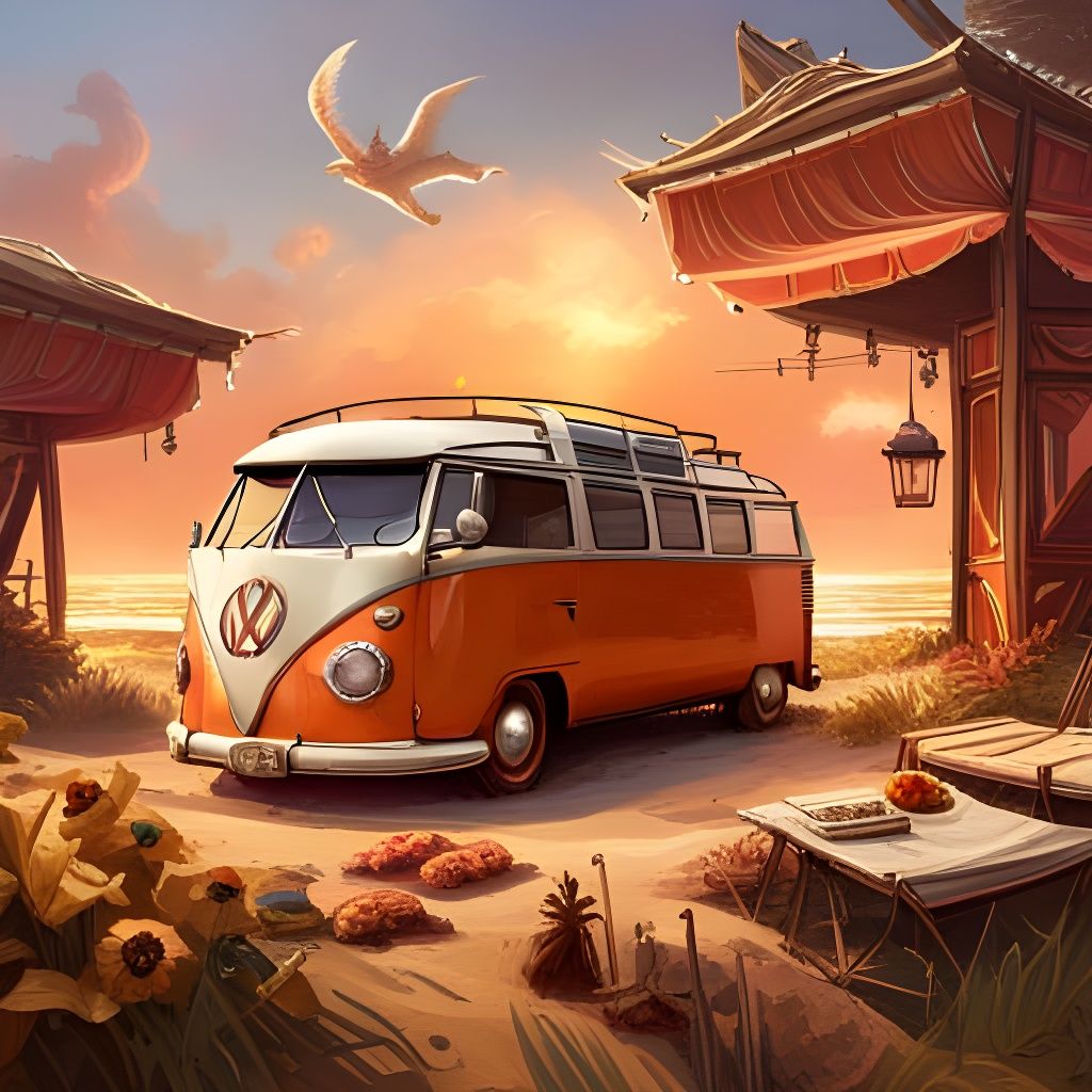 Retro VW Bus on Beach in Hippie Style