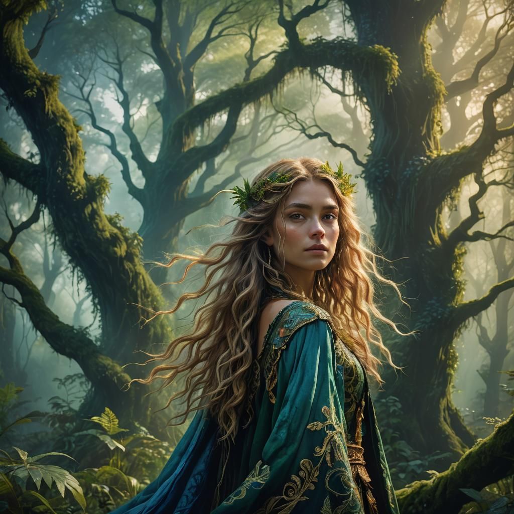 Mystical Woman in Forest: Fantasy Concept Art