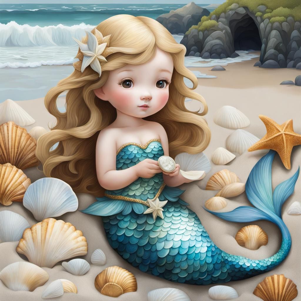 Mermaid Among Treasures on Moonlit Beach