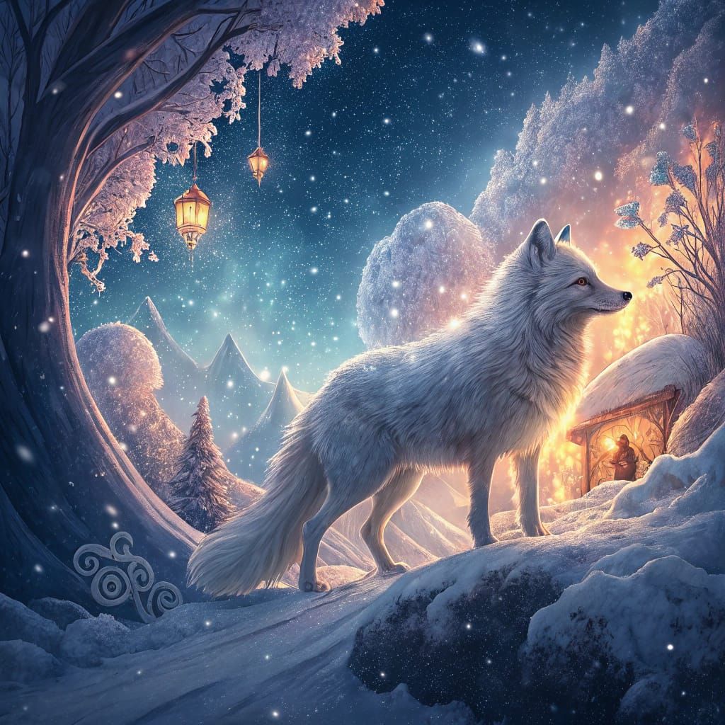 Surreal Snow Fox Frozen in Whimsical Blizzard Landscape
