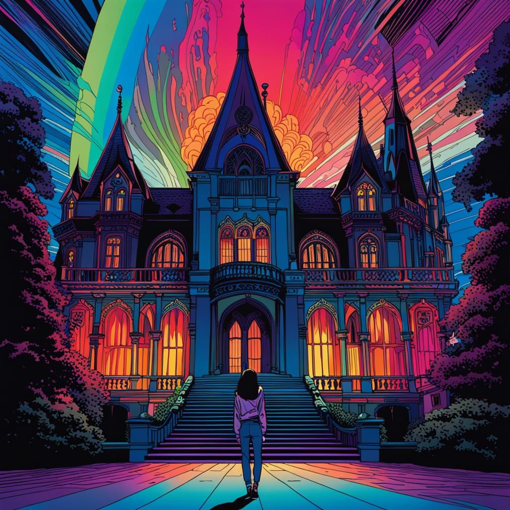 Woman in Front of Gothic Manor, Inked Drawing