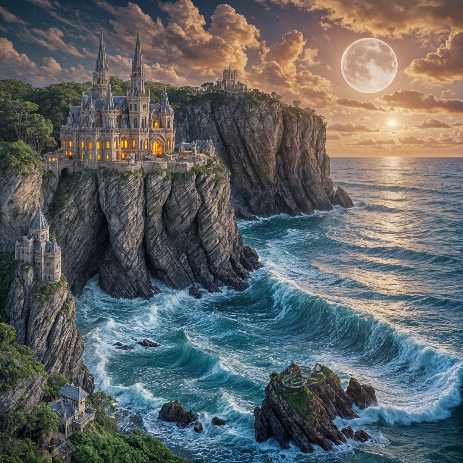Fantasy Mansion on Seaside Cliffs at Night