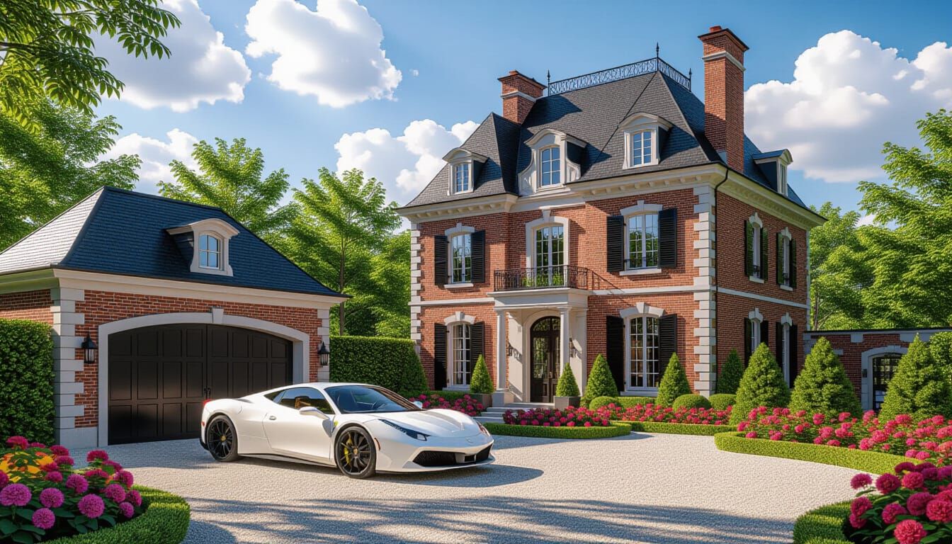 Grand Brick Chateau with White Sportscar in Lush Garden