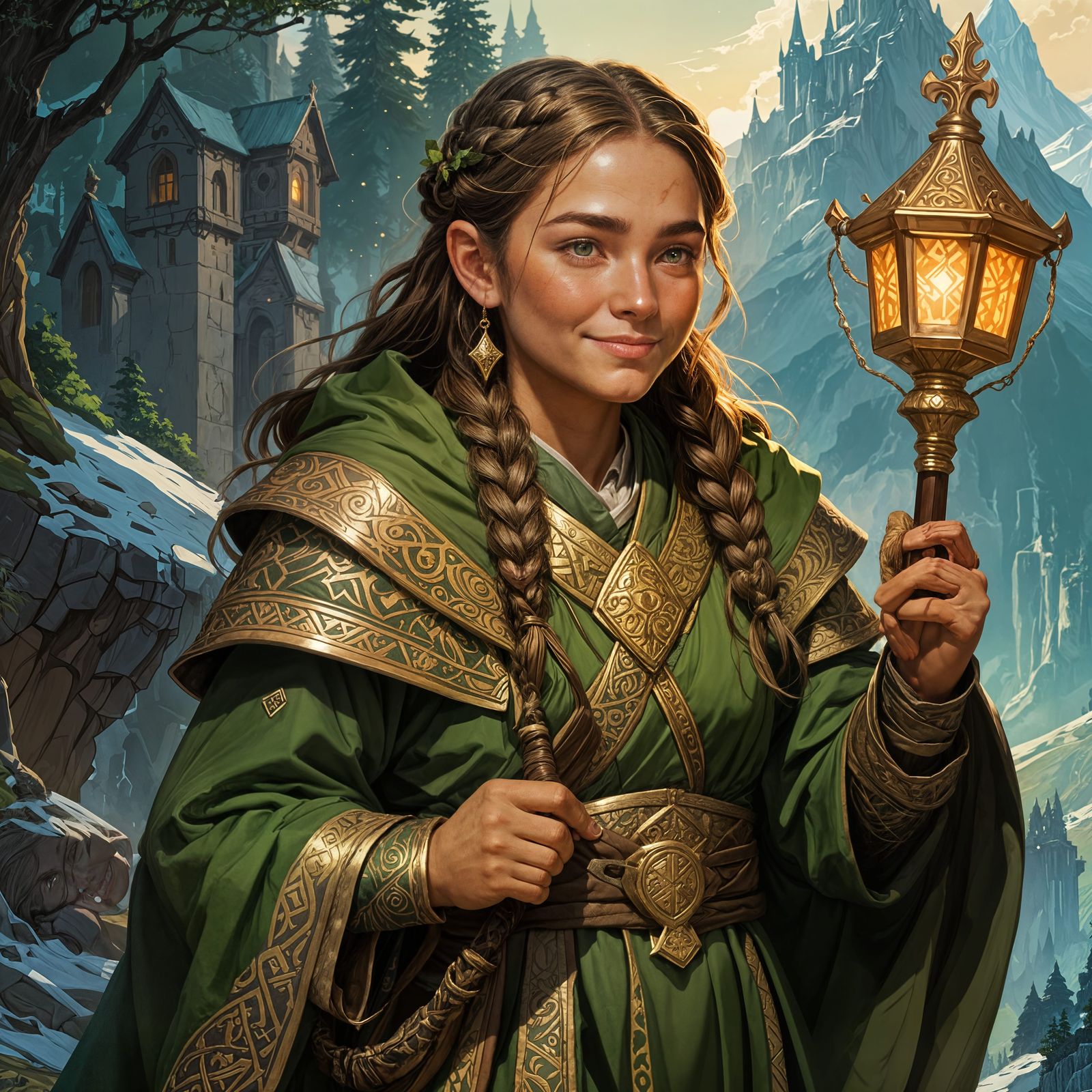 Hill Dwarf Cleric with Golden Skin and Green Eyes
