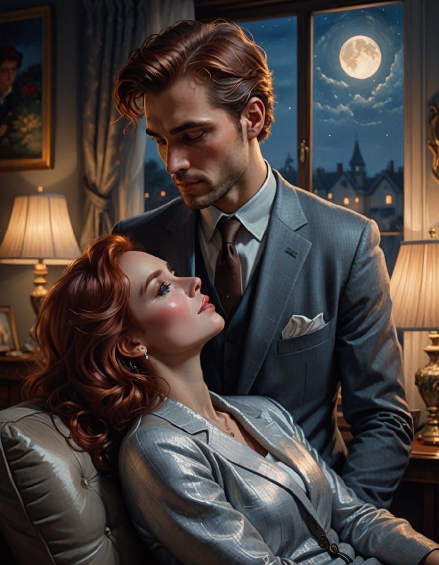 Romantic Realism Painting: Couple Embracing on Couch