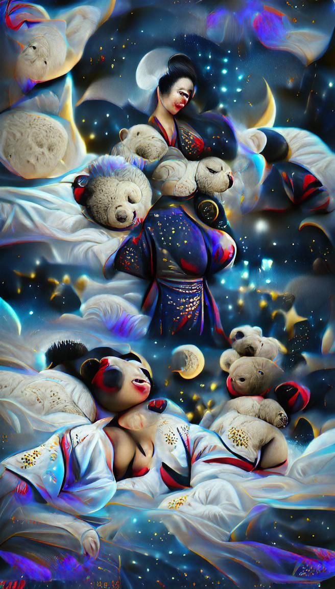 Geisha Teddy Bears Under Stardust Night Sky