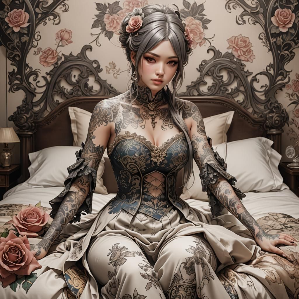 Tattooed Woman in Rococo Anime Style