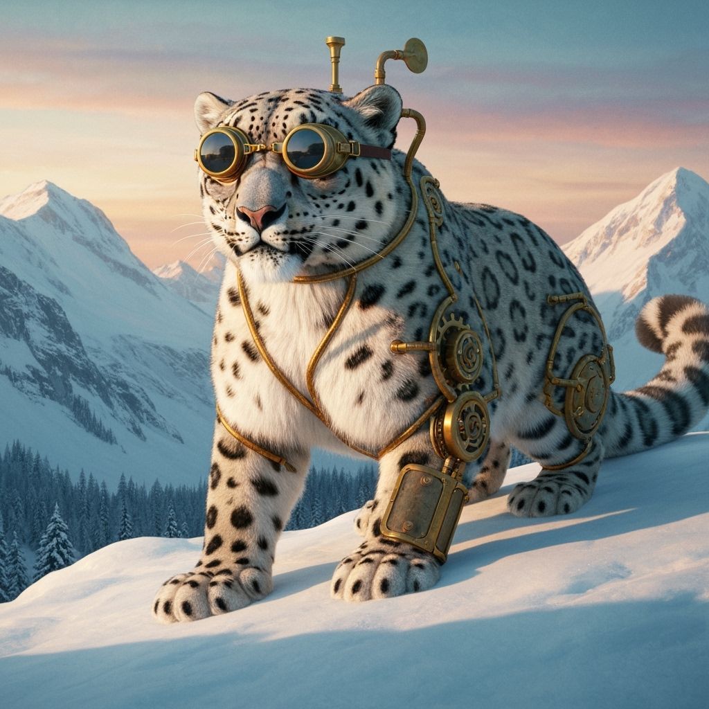 Steampunk Snow Leopard in Snowy Mountains