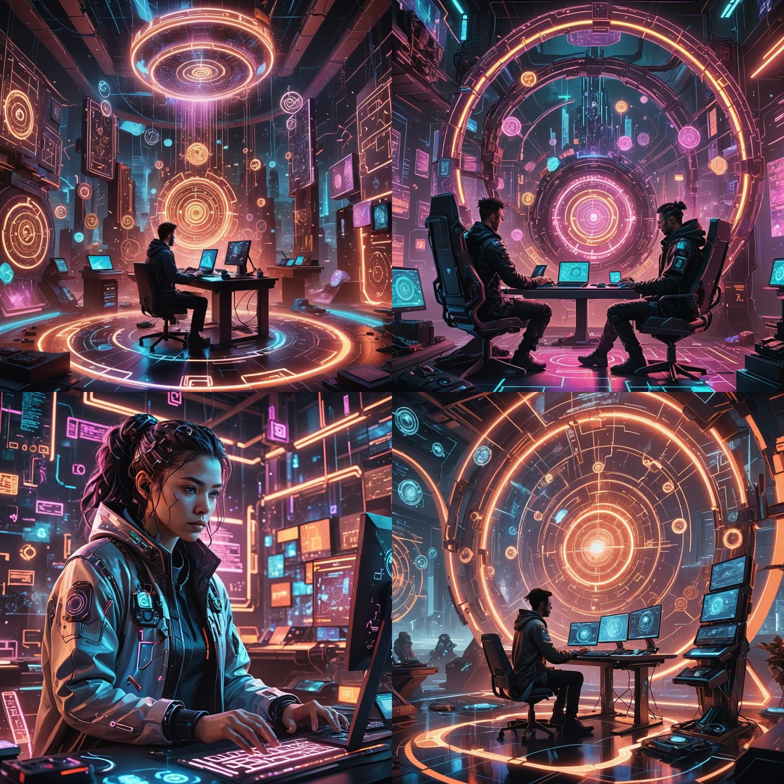 Magical Cyberpunk Cityscape with Coder at Dusk