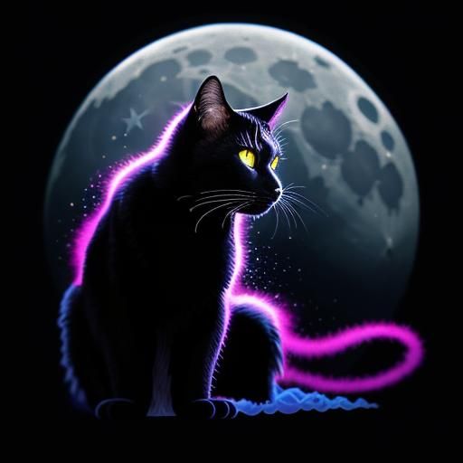 Cosmic Black Cat Gazing at Blue Moon in Pixel Art