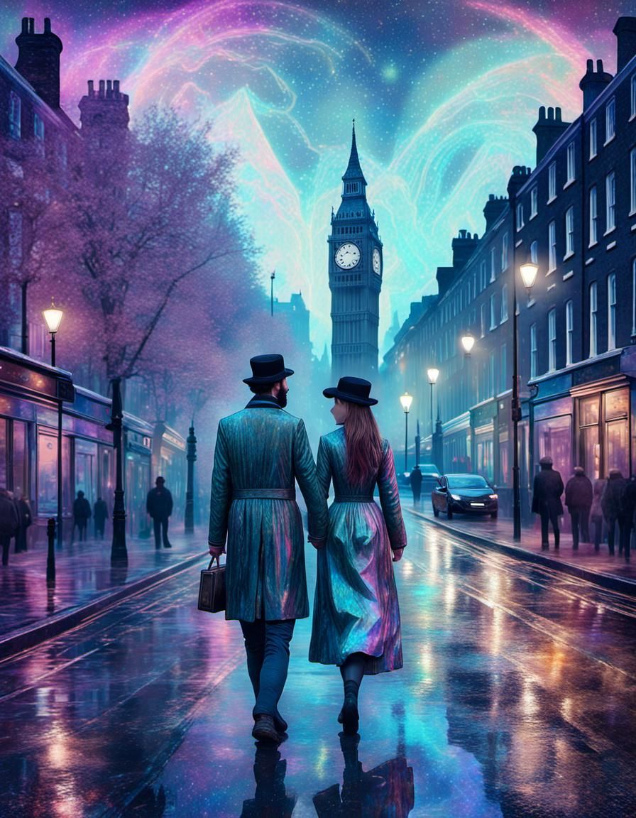 Misty London Street Scene with Couples, Astral Art
