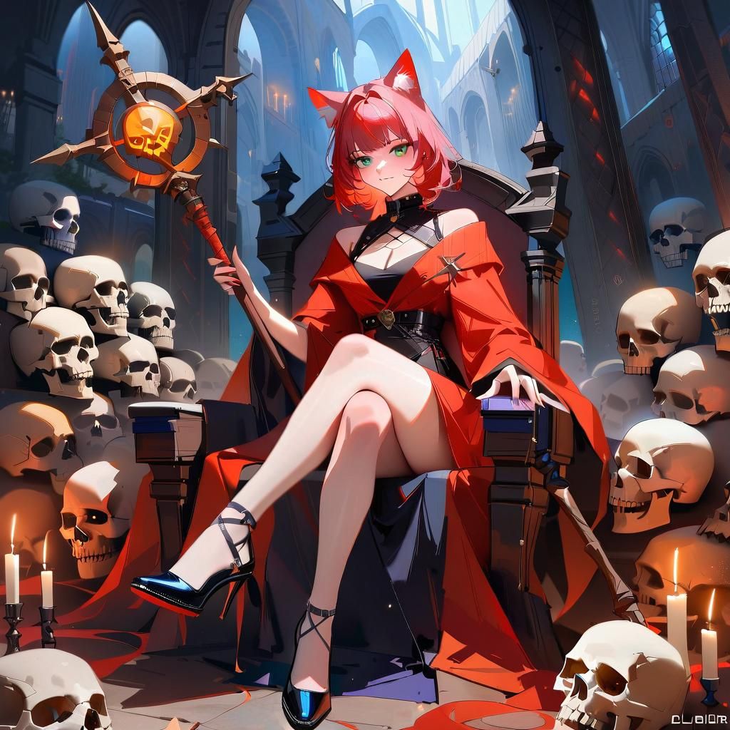 Cat-Girl Mage on Bone Throne, Digital Art