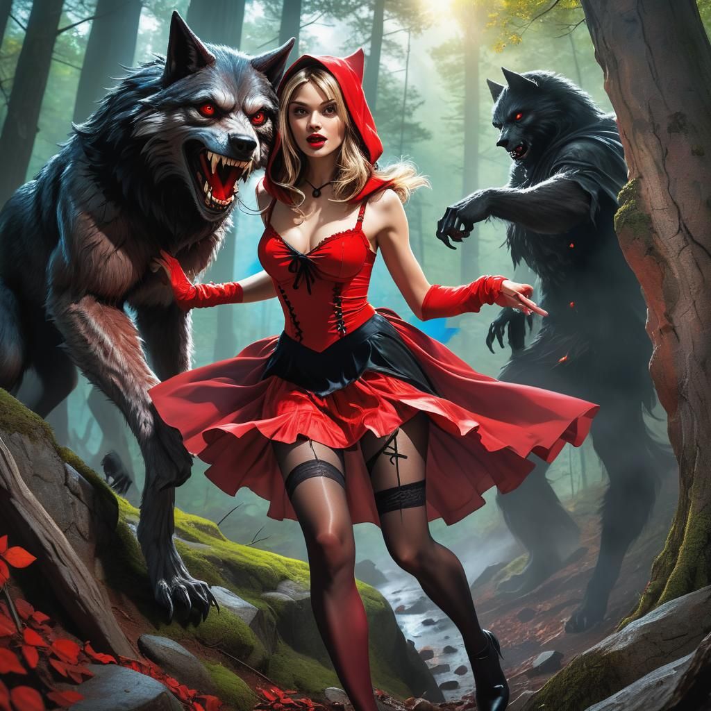 Red Riding Hood and Werewolf Dance in Woods