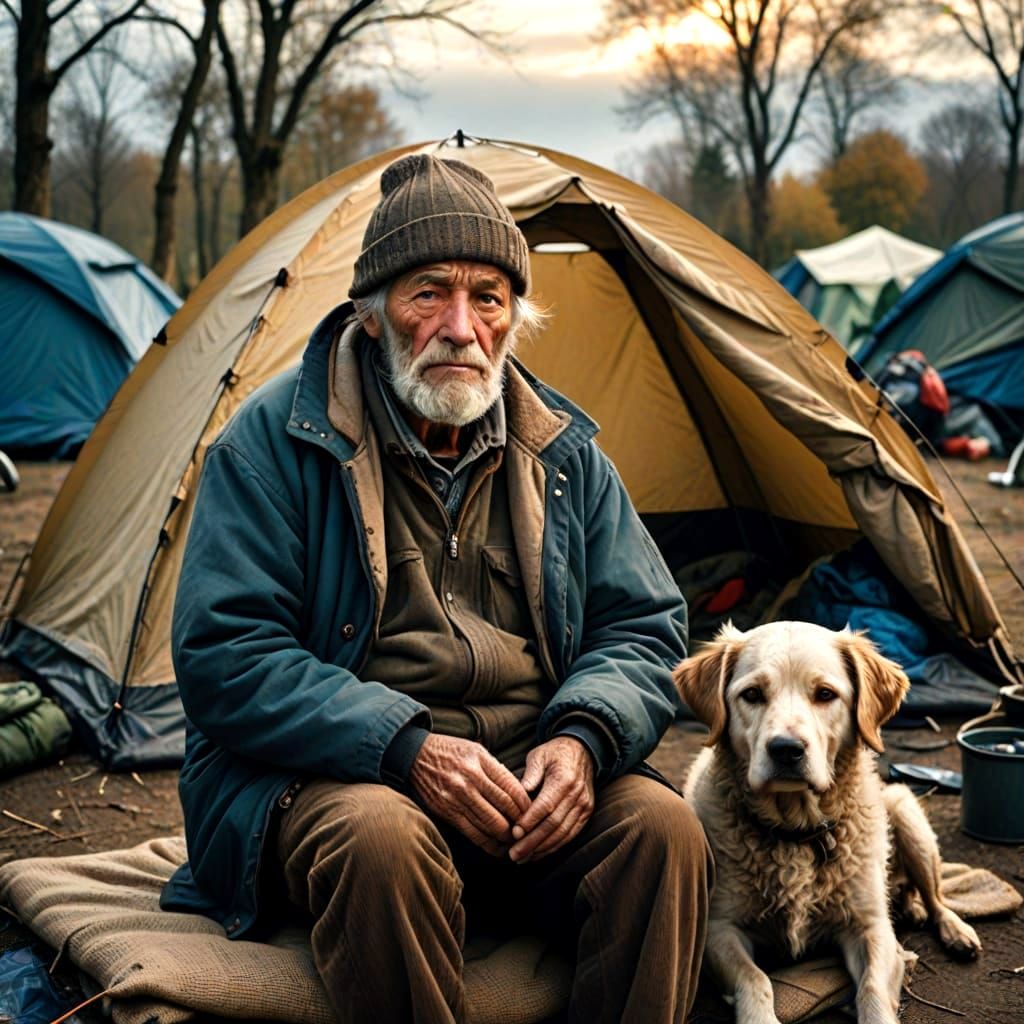 Epic Portrait of a Homeless Old Man and His Loyal Dog