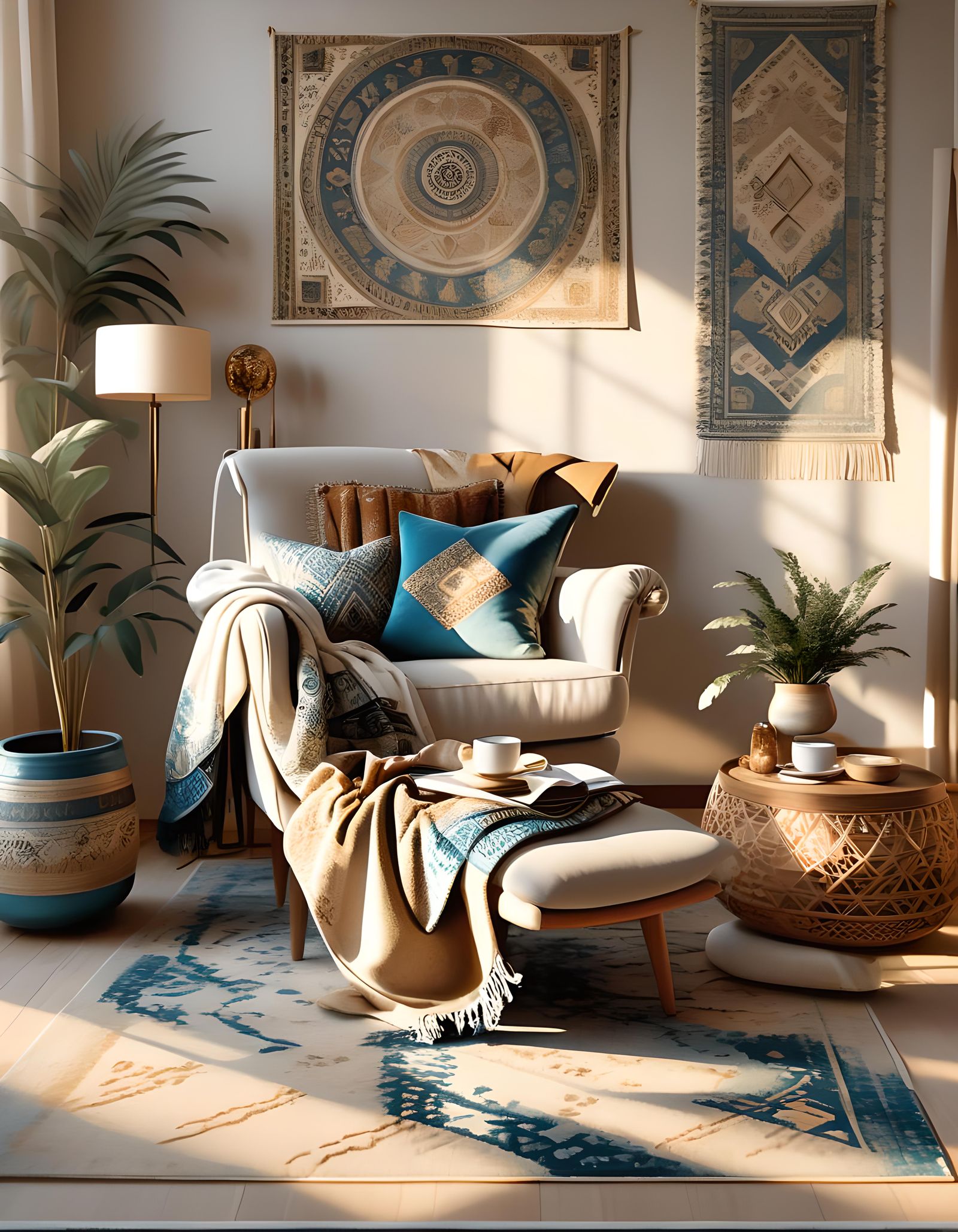 Boho Minimalist Beige Living Room in Detailed Matte Painting