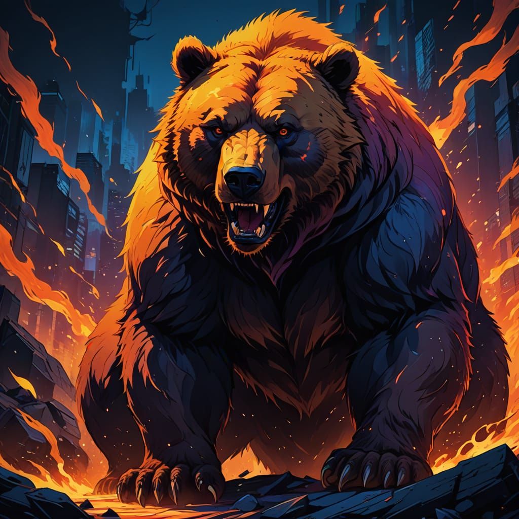 Cyberpunk Dire Bear in Fiery Shadow