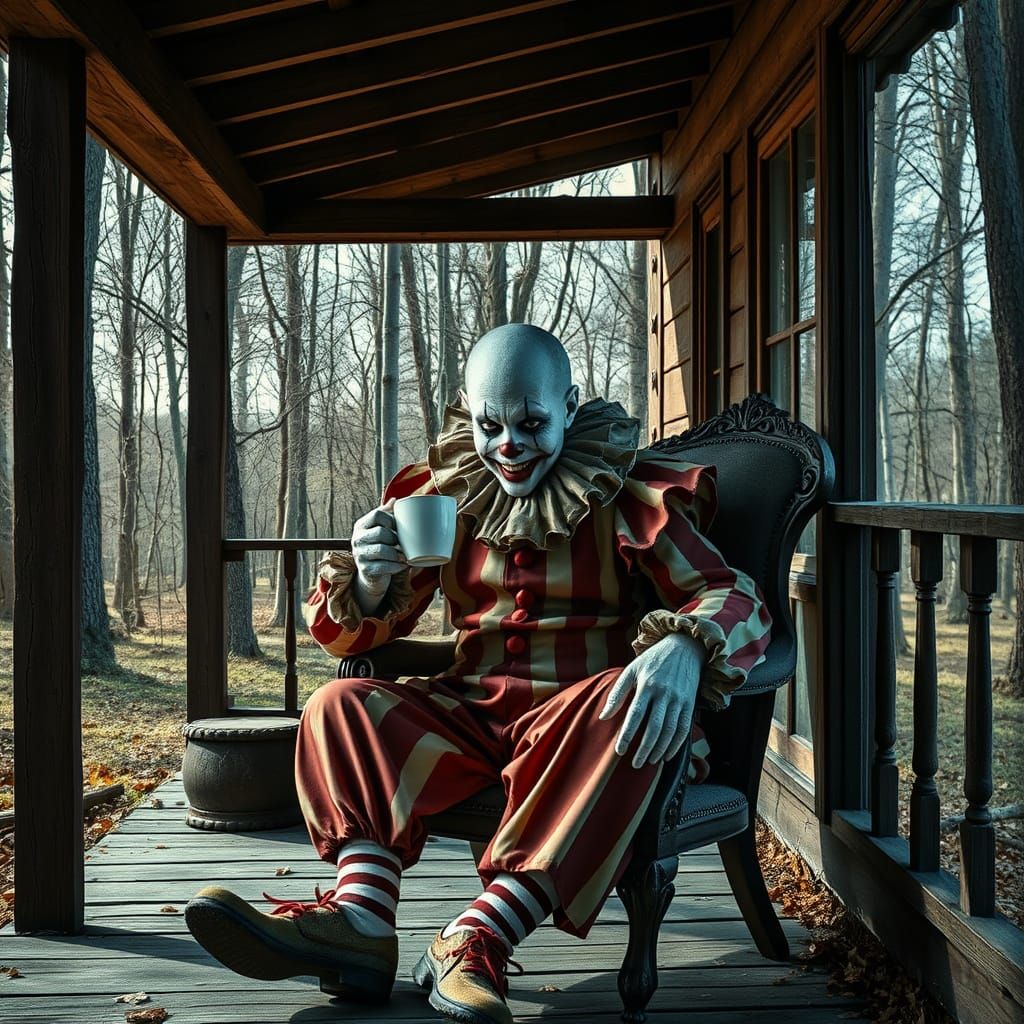 Eerie Clown Sips Coffee on a Haunted Porch
