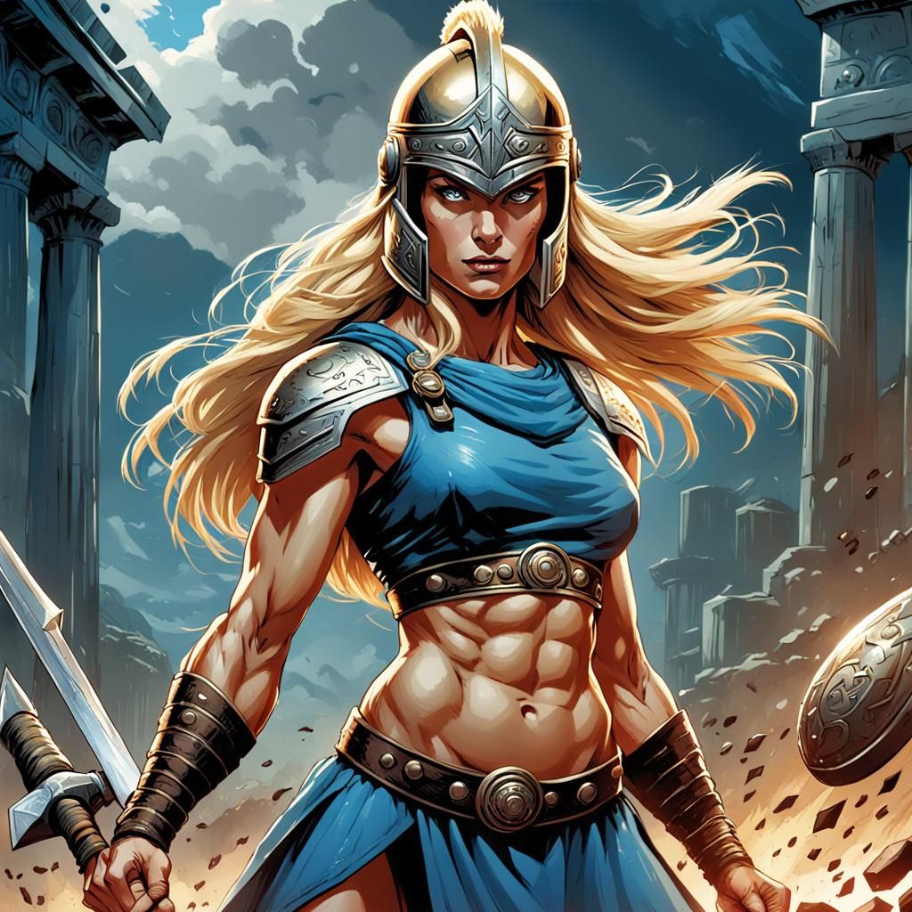 Amazon Warrior with Battle Axe in Comic Book Style