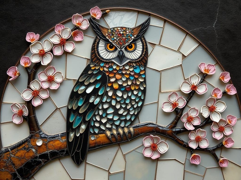 Owl in Sakura Branch: Kintsugi and Stained Glass Art
