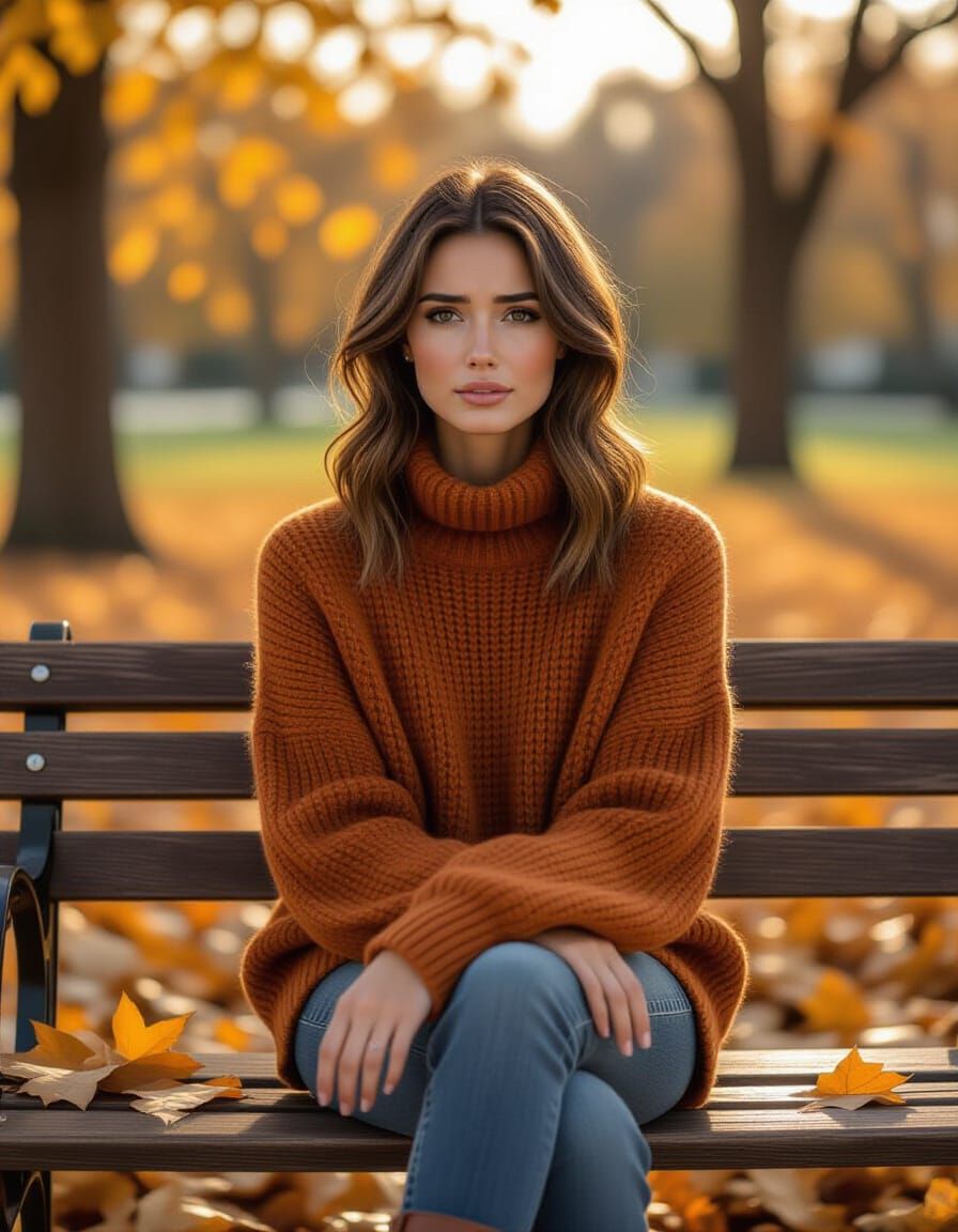 Sorrowful Woman in Autumnal Park, Hyper-Realistic Photograph...