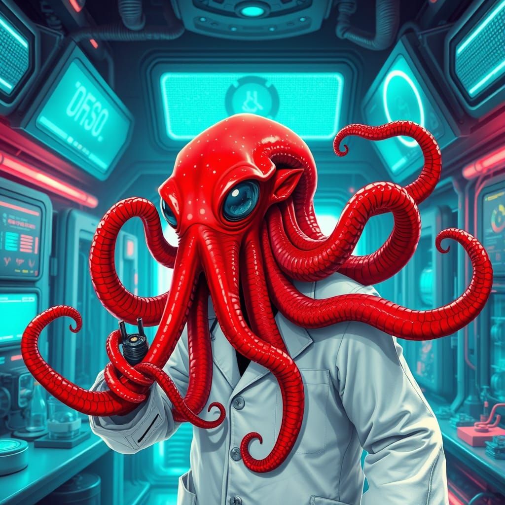 Ethereal Alien Scientist in Neon Laboratory