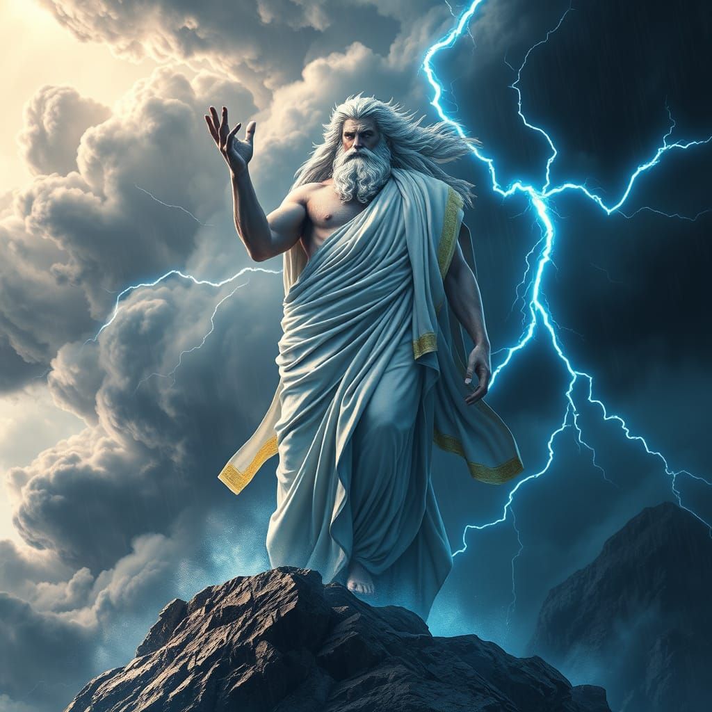 Zeus in Divine White, Channeling Nature's Fury
