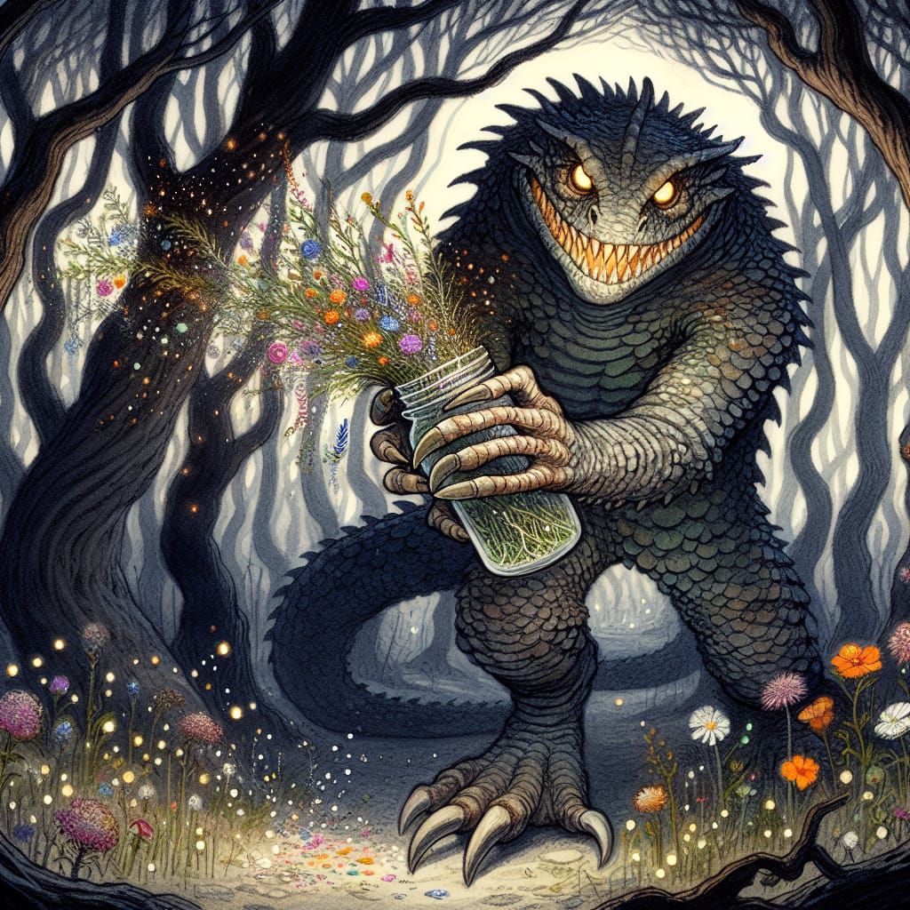 Whimsical Forest Creature Spreading Wildflowers