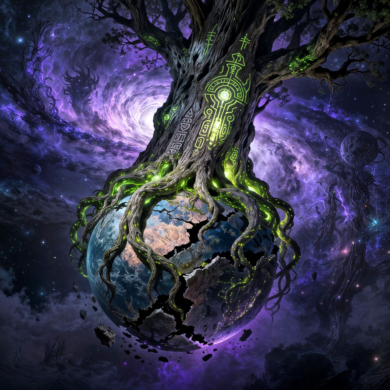 Ancient Tree with Cosmic Roots on Shattered Planet