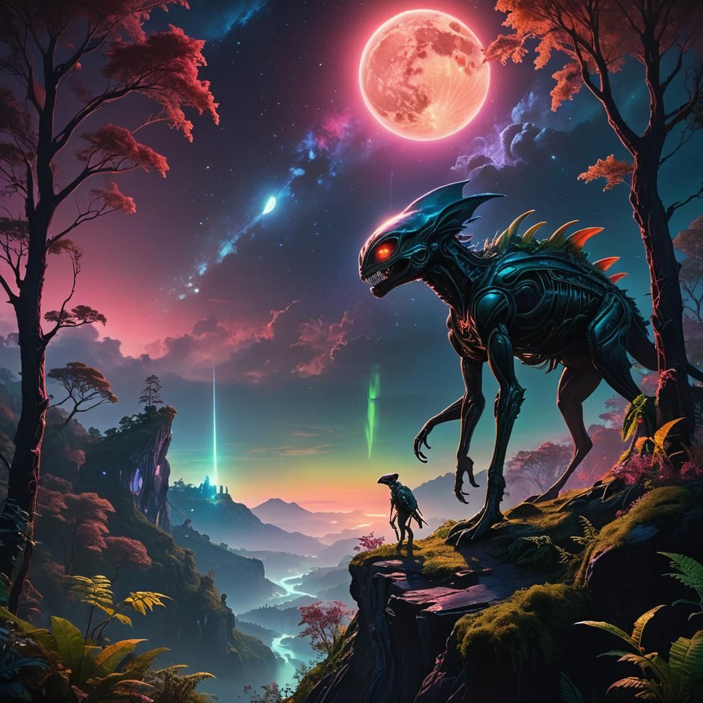 Alien Animal Gazing Over Sci-Fi Landscape