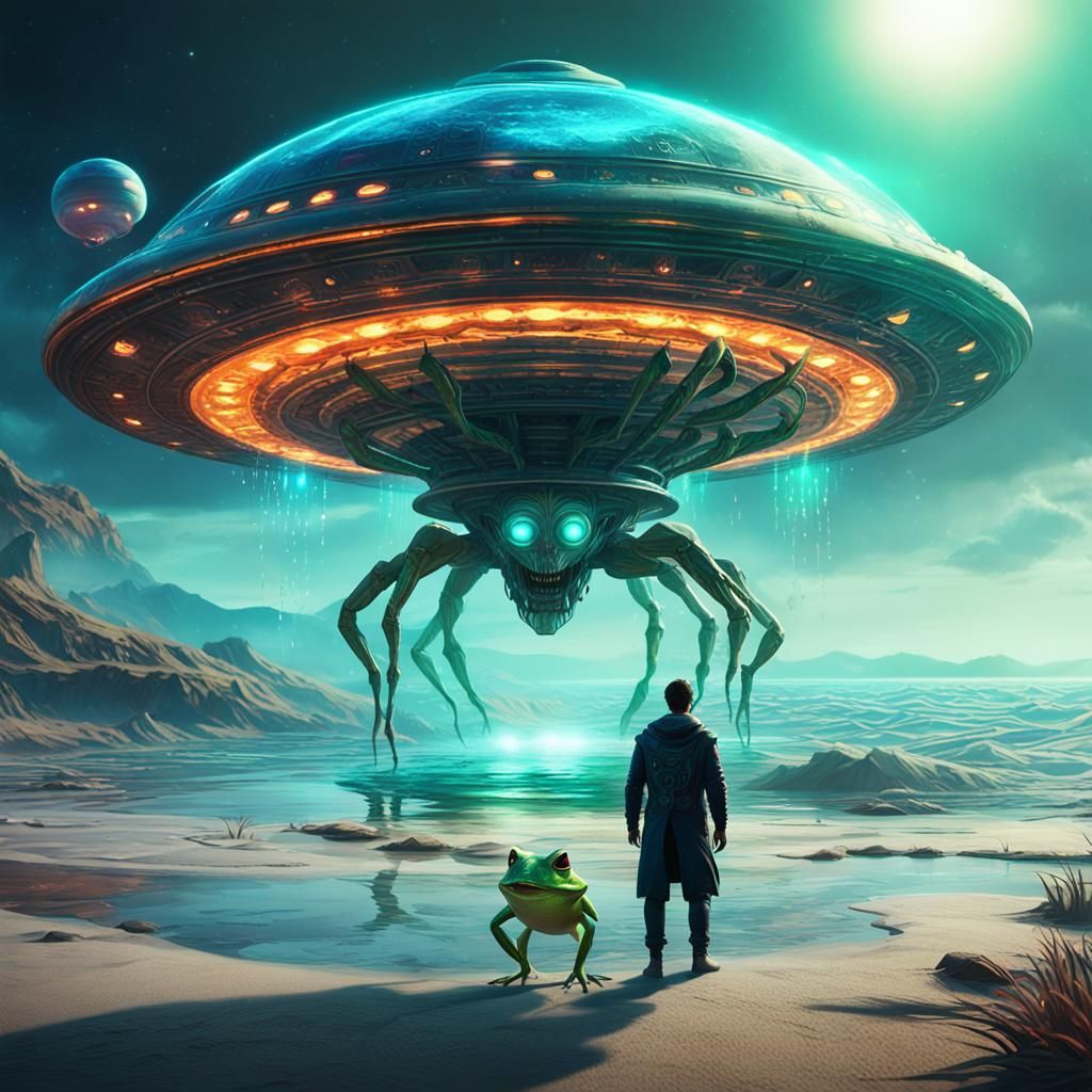 Alien with Frog Face Beside UFO: Dark Sci-Fi Art