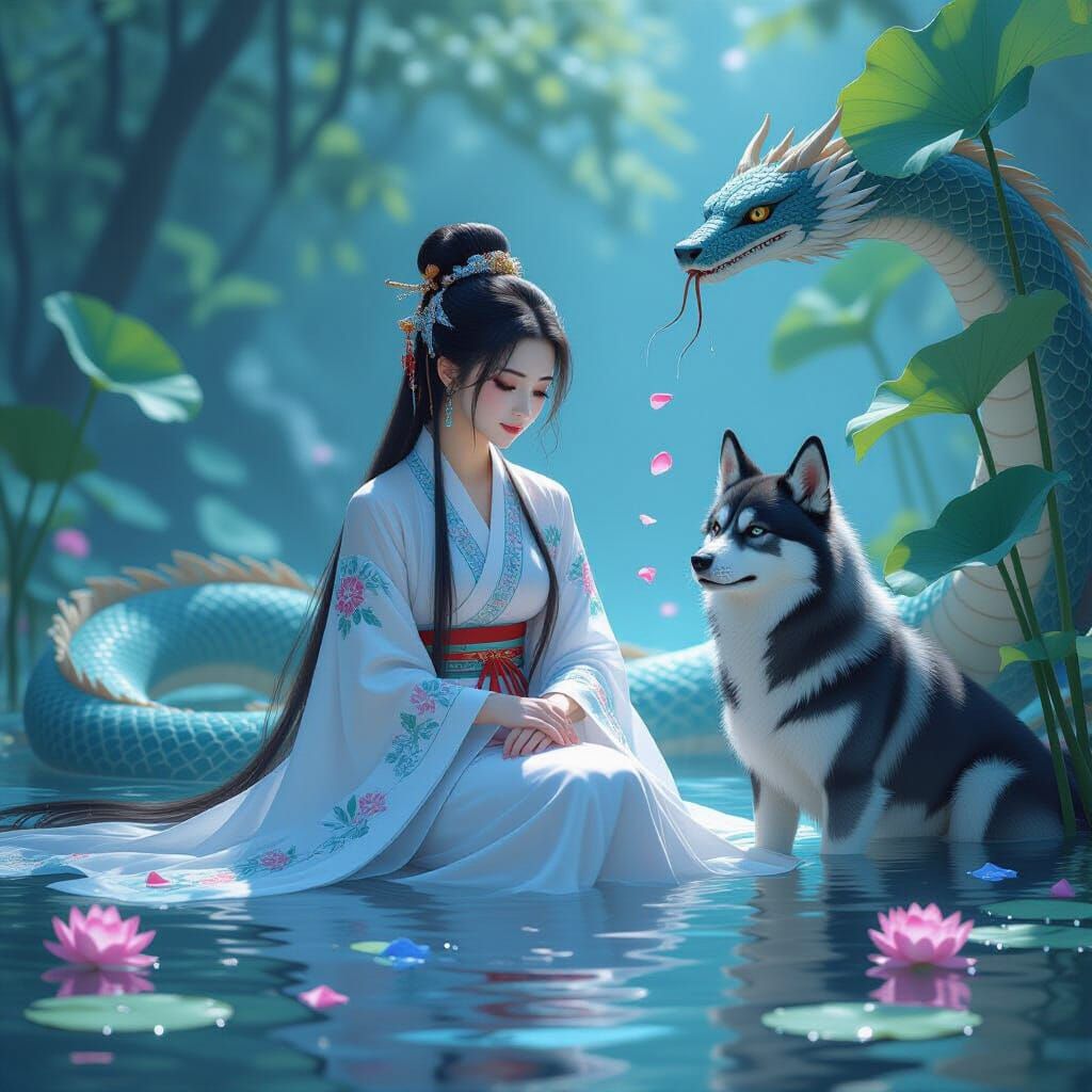 Girl in Hanfu with Serpent and Hellhound
